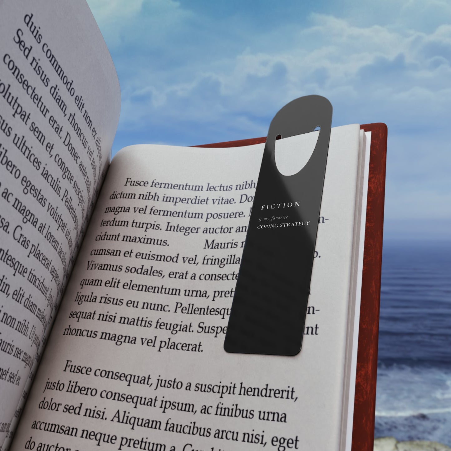 Minimalist Metal Bookmark — 'Fiction Is My Favorite Coping Strategy' Novelty Book Marker