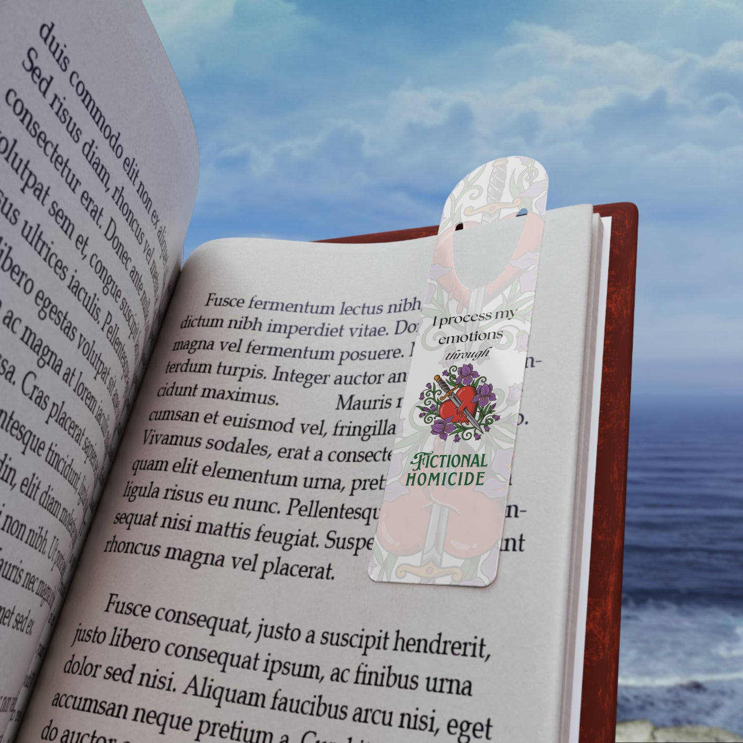 Bookmark — "I Process My Emotions Through Fictional Homicide" Floral Heart Sword Bookmark