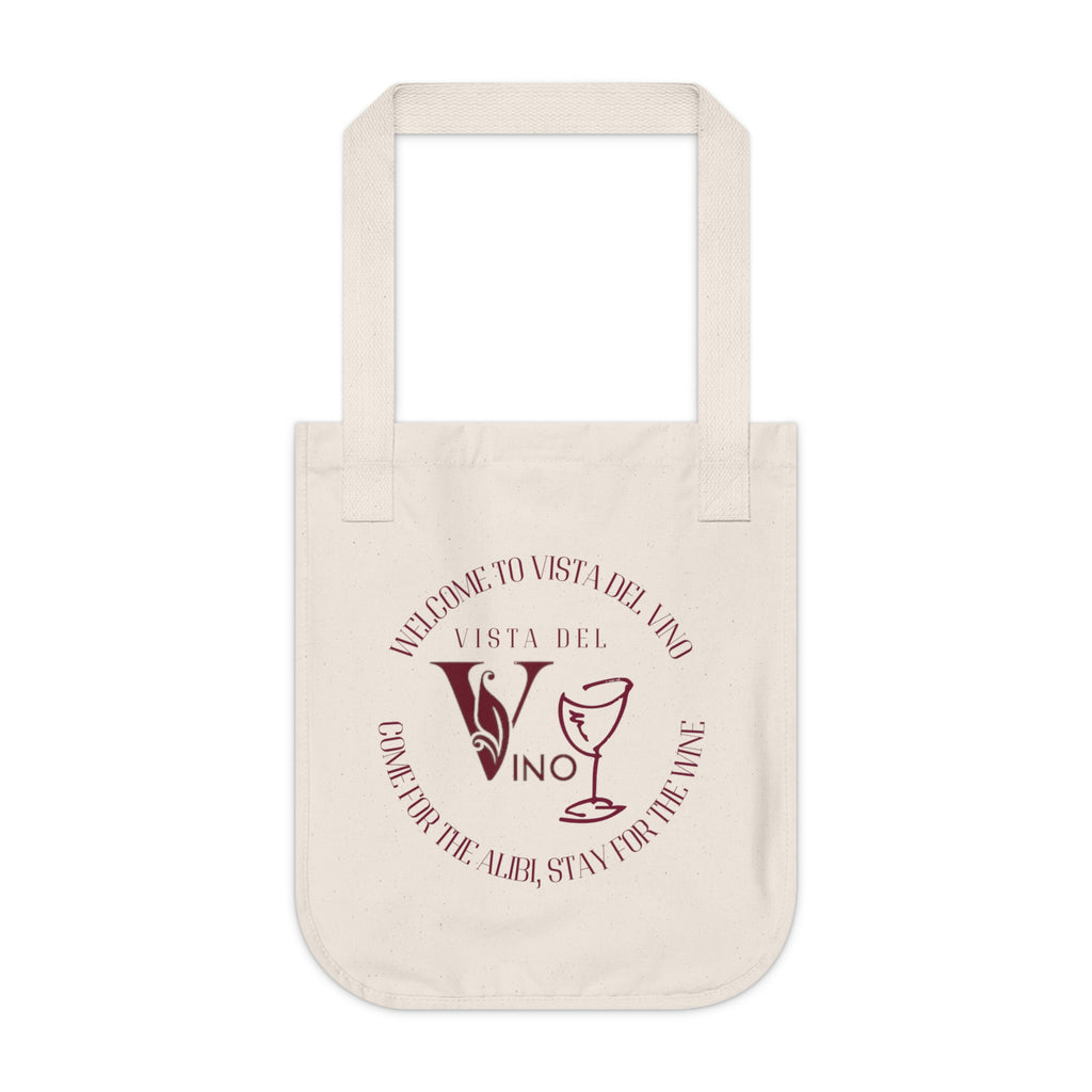 "Come for the Alibi, Stay for the Wine" Mystery-Themed Canvas Tote Bag — Wine Vineyard Market Tote