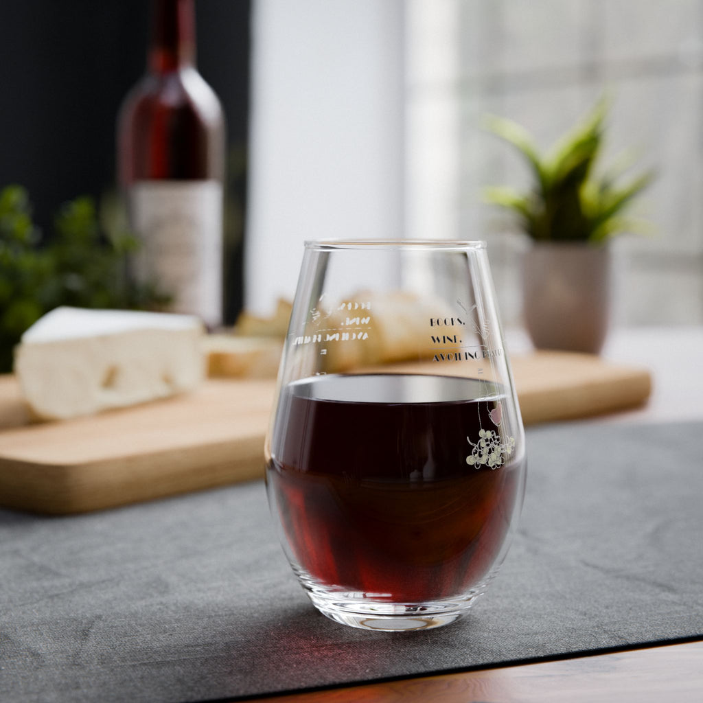 "Books. Wine. Avoiding Reality" Stemless Wine Glass 11.75oz – Floral Heart Accent, Elegant Everyday Wine Tumbler