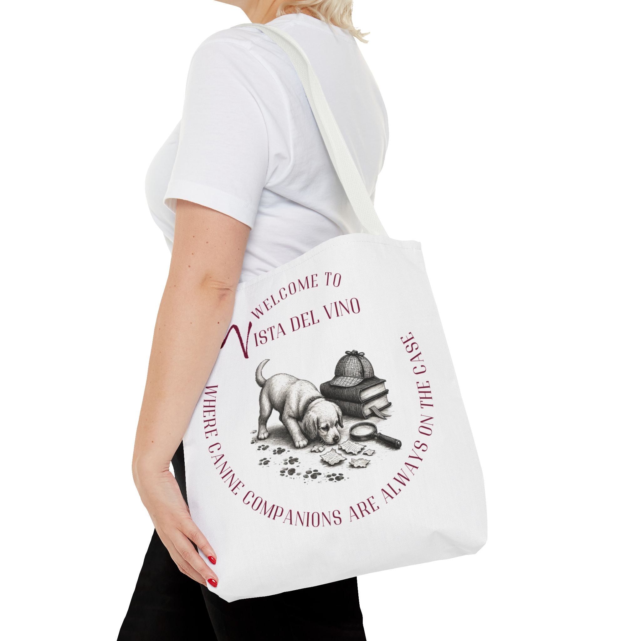 Mystery Themed Tote Bag – 'Welcome to Vista Del Vino' Wine & Dog Lover Canvas Tote