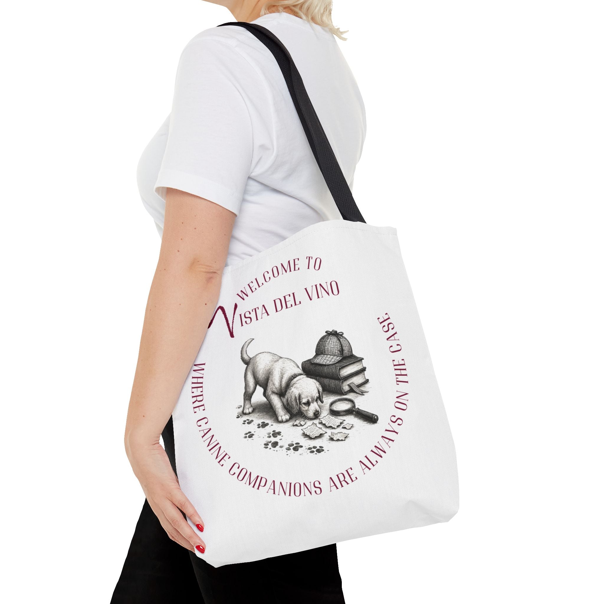 Mystery Themed Tote Bag – 'Welcome to Vista Del Vino' Wine & Dog Lover Canvas Tote