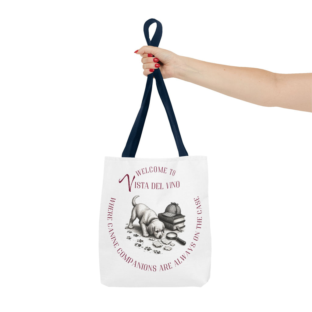 Mystery Themed Tote Bag – 'Welcome to Vista Del Vino' Wine & Dog Lover Canvas Tote