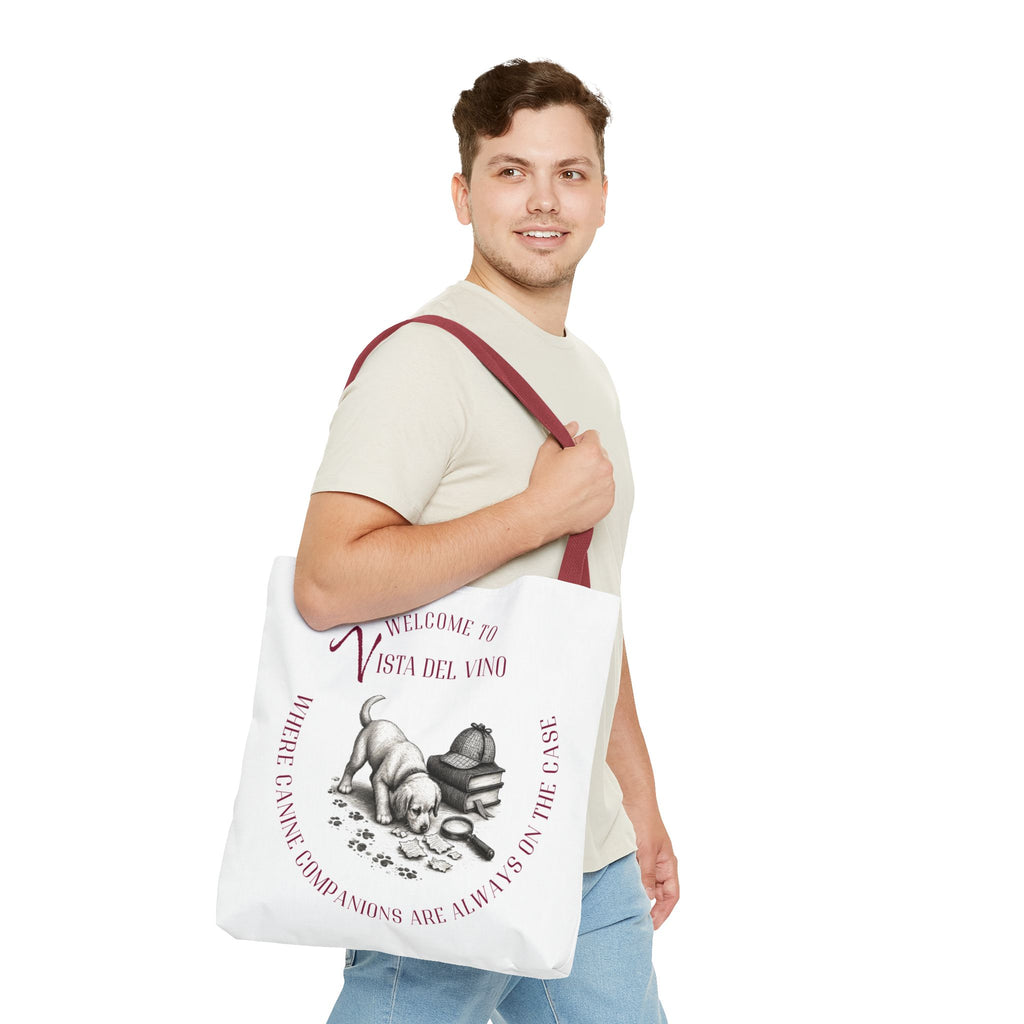 Mystery Themed Tote Bag – 'Welcome to Vista Del Vino' Wine & Dog Lover Canvas Tote