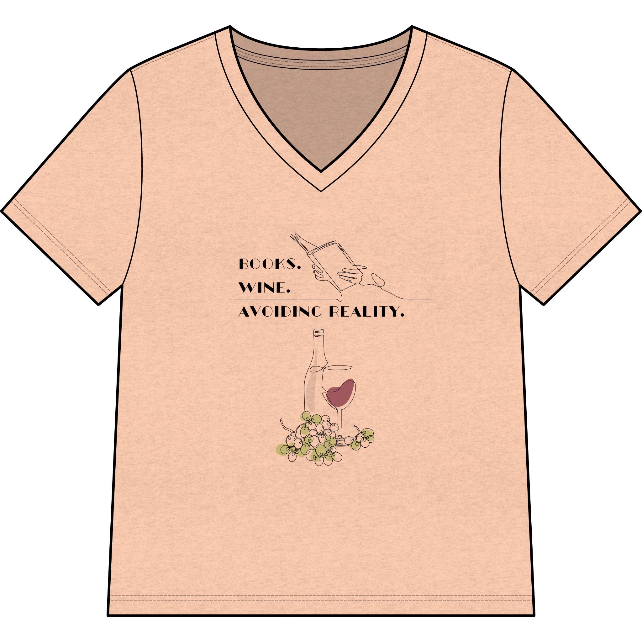 Wine and Books V-Neck Tee — "Books. Wine. Avoiding Reality."