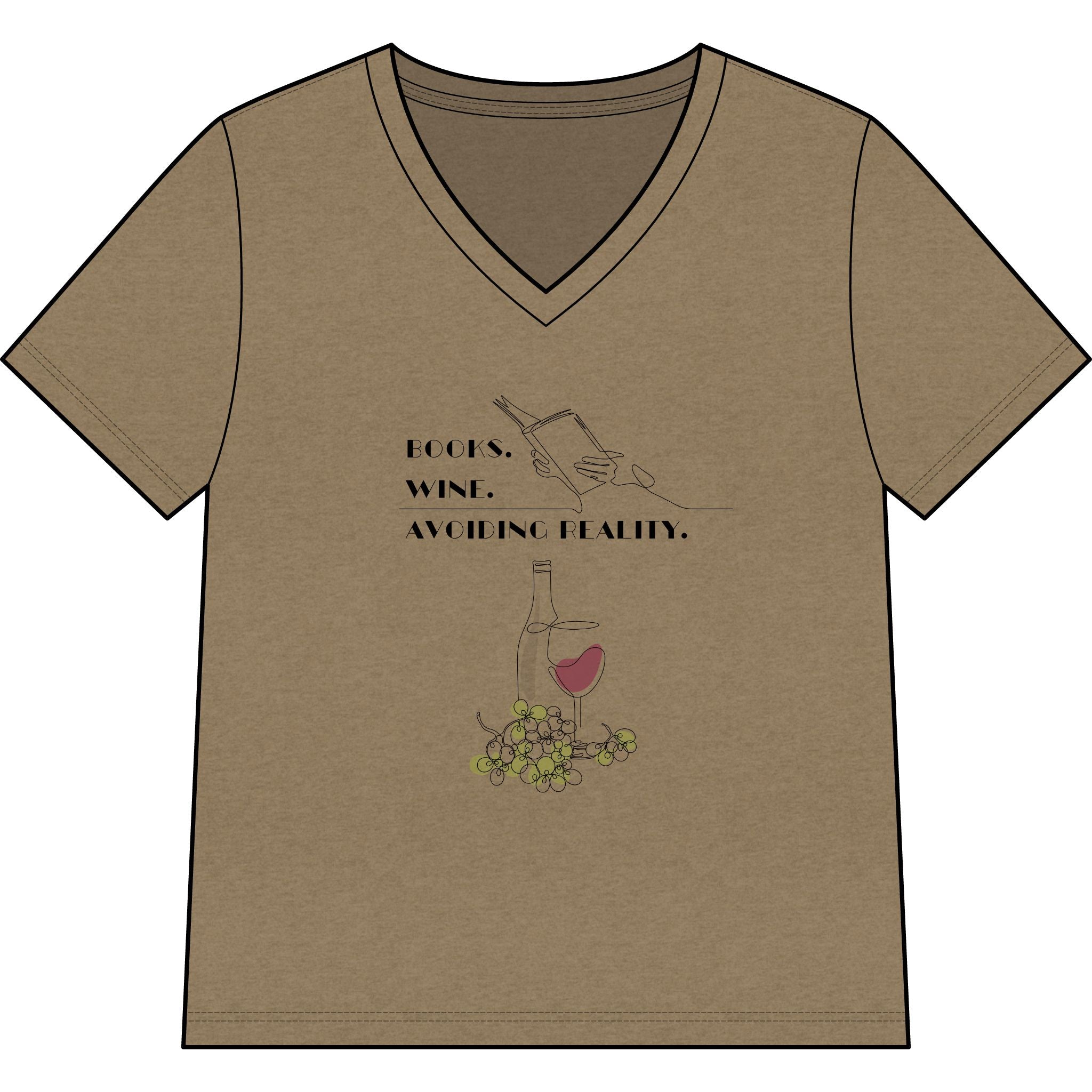 Wine and Books V-Neck Tee — "Books. Wine. Avoiding Reality."