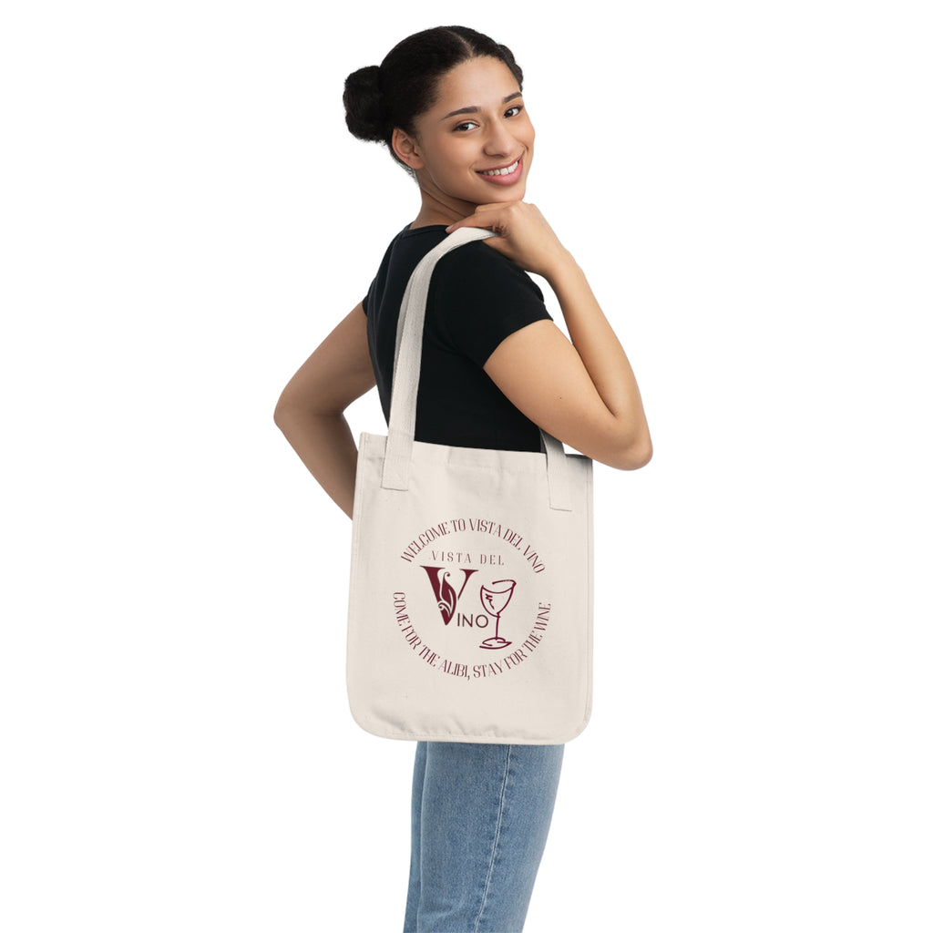 "Come for the Alibi, Stay for the Wine" Mystery-Themed Canvas Tote Bag — Wine Vineyard Market Tote