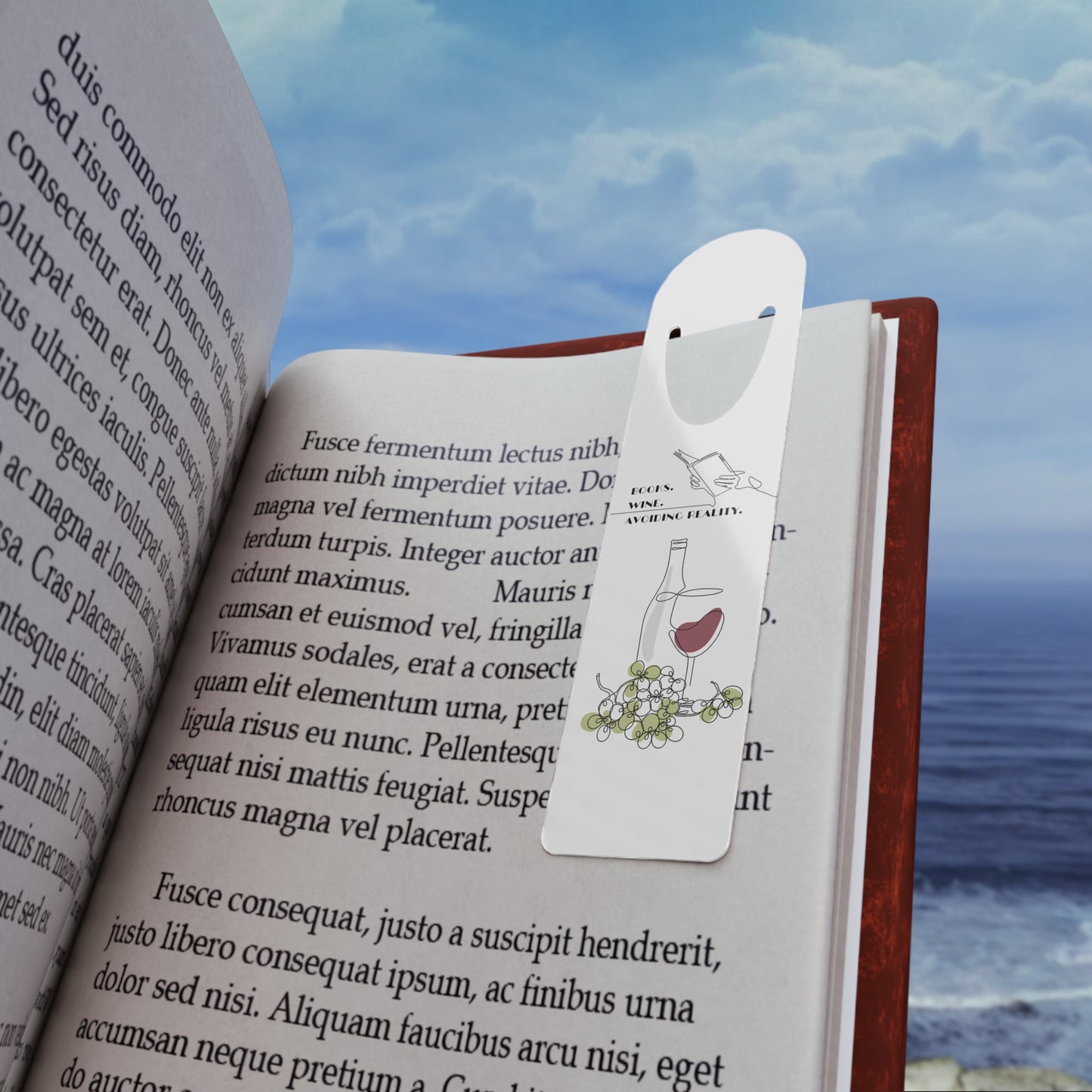 Wine Themed Bookmark — "Books. Wine. Avoiding Reality." Metal Page Marker