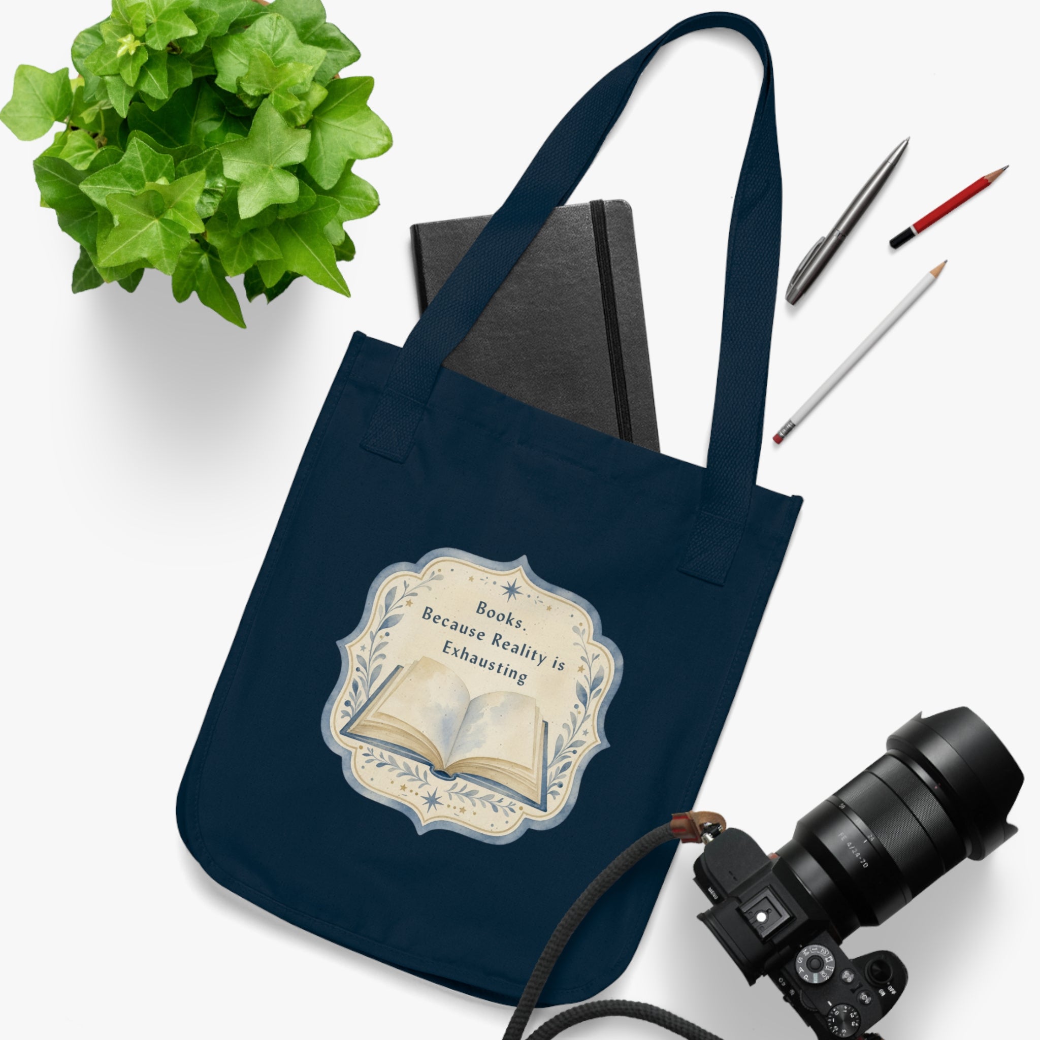 Organic Canvas Tote — "Books. Because Reality is Exhausting" Vintage Literary Tote Bag