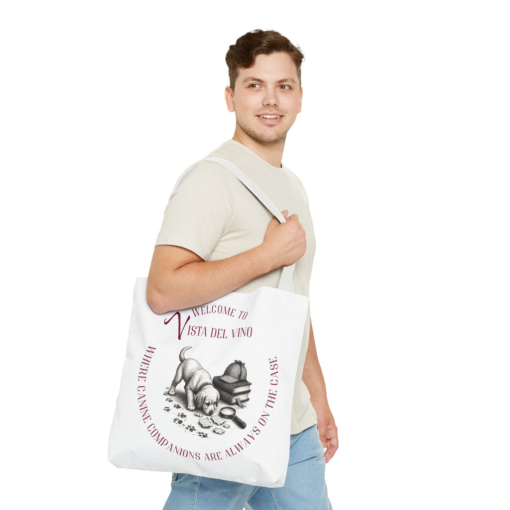 Mystery Themed Tote Bag – 'Welcome to Vista Del Vino' Wine & Dog Lover Canvas Tote
