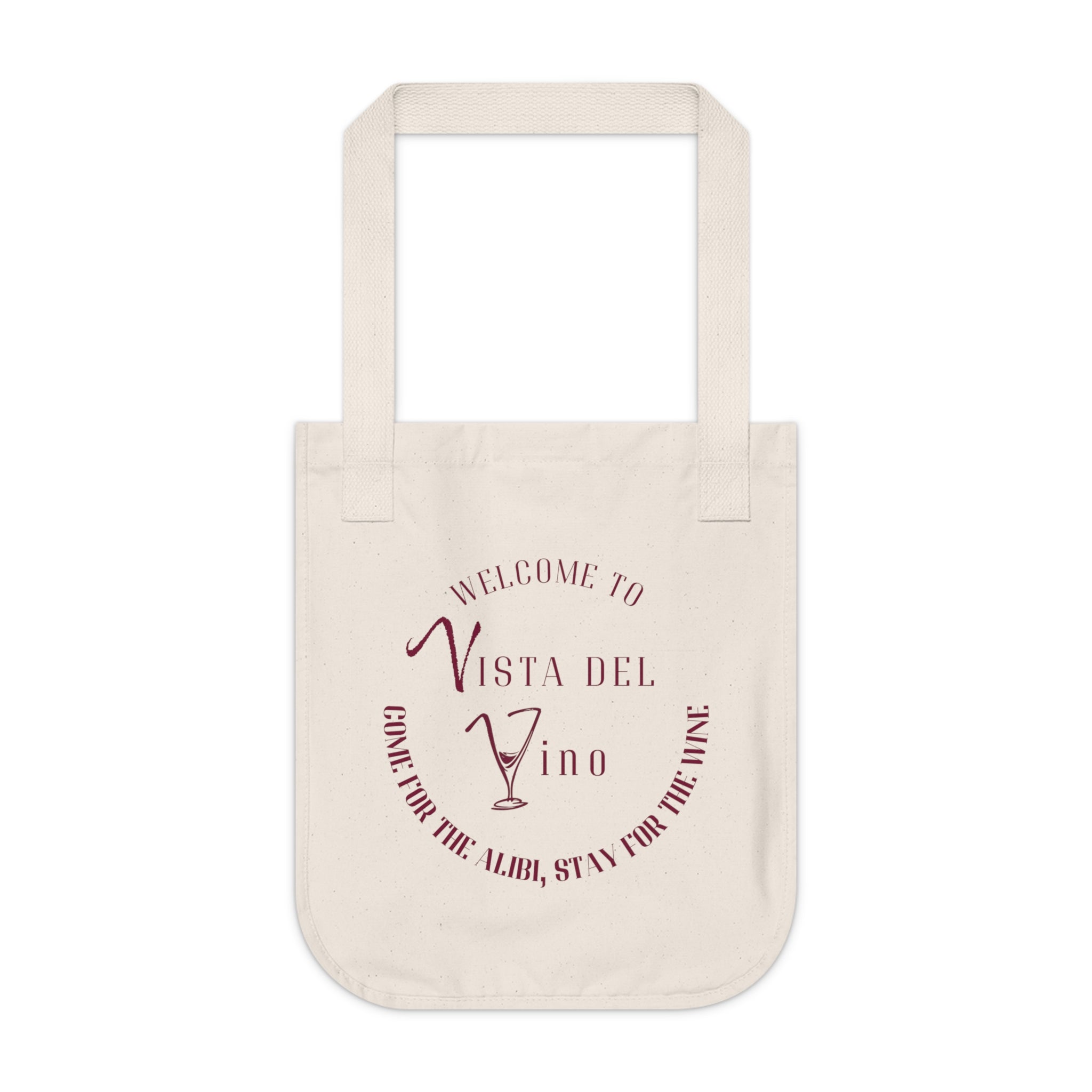 "Come for the Alibi, Stay for the Wine" Mystery-Themed Canvas Tote Bag — Wine Vineyard Market Tote