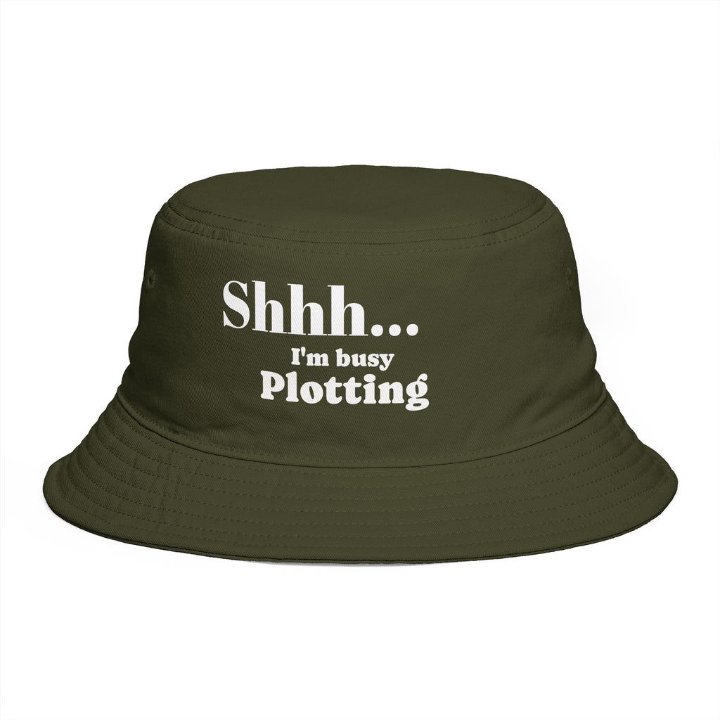 Bucket Hat — "Shhh... I’m Busy Plotting" Funny Graphic Hat for Writers & Thinkers
