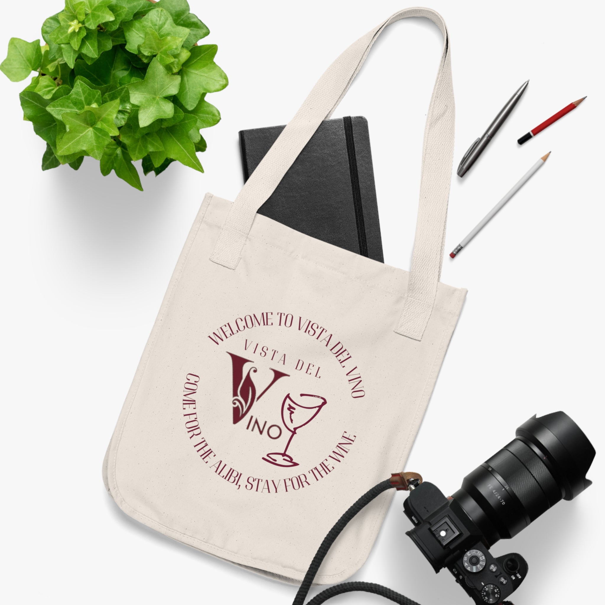 "Come for the Alibi, Stay for the Wine" Mystery-Themed Canvas Tote Bag — Wine Vineyard Market Tote