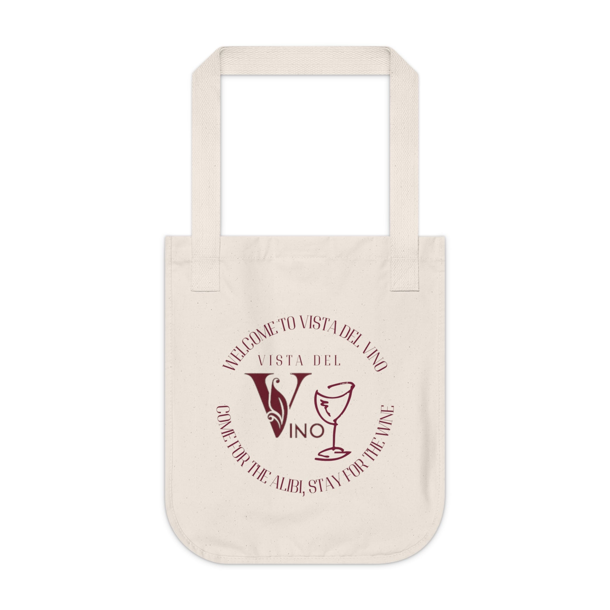 "Come for the Alibi, Stay for the Wine" Mystery-Themed Canvas Tote Bag — Wine Vineyard Market Tote