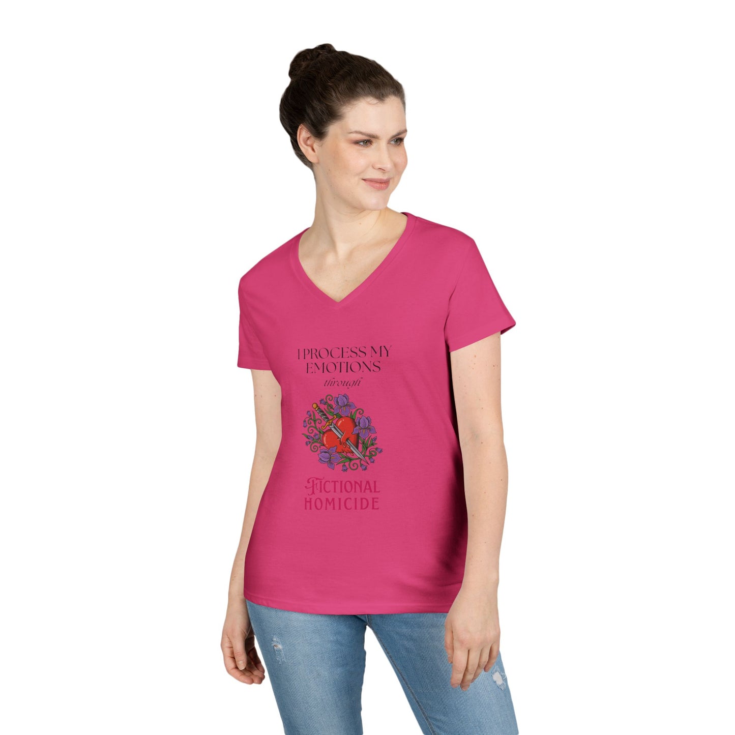 Fictional Homicide V-Neck Tee — "I Process My Emotions Through Fictional Homicide"