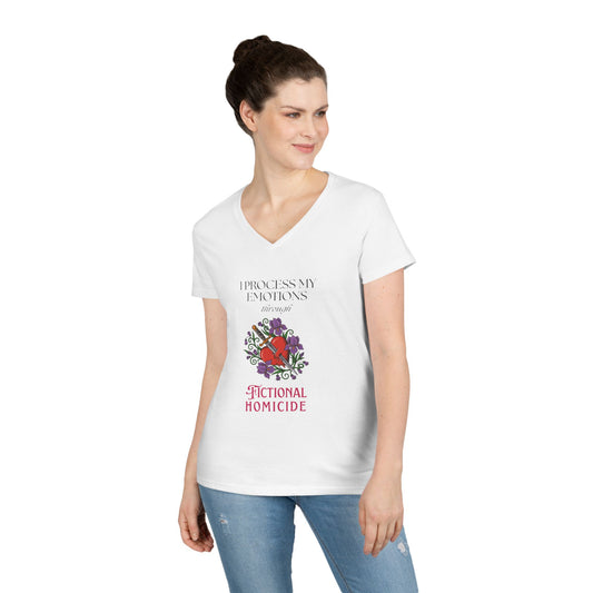 Fictional Homicide V-Neck Tee — "I Process My Emotions Through Fictional Homicide"