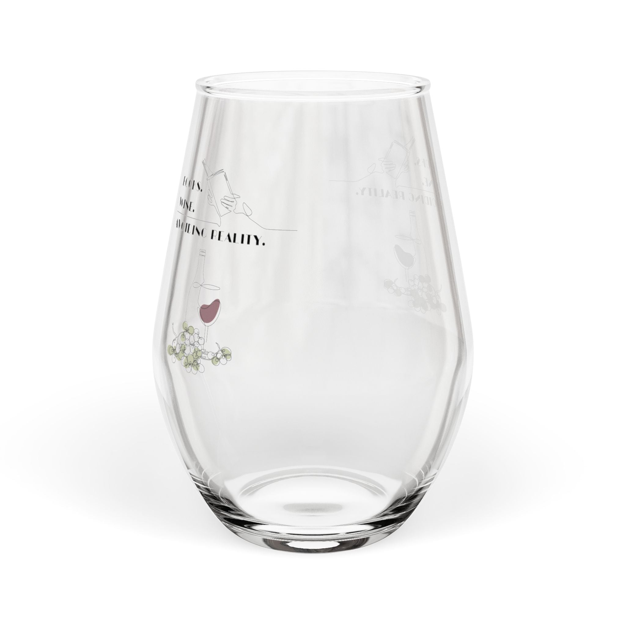 "Books. Wine. Avoiding Reality" Stemless Wine Glass 11.75oz – Floral Heart Accent, Elegant Everyday Wine Tumbler