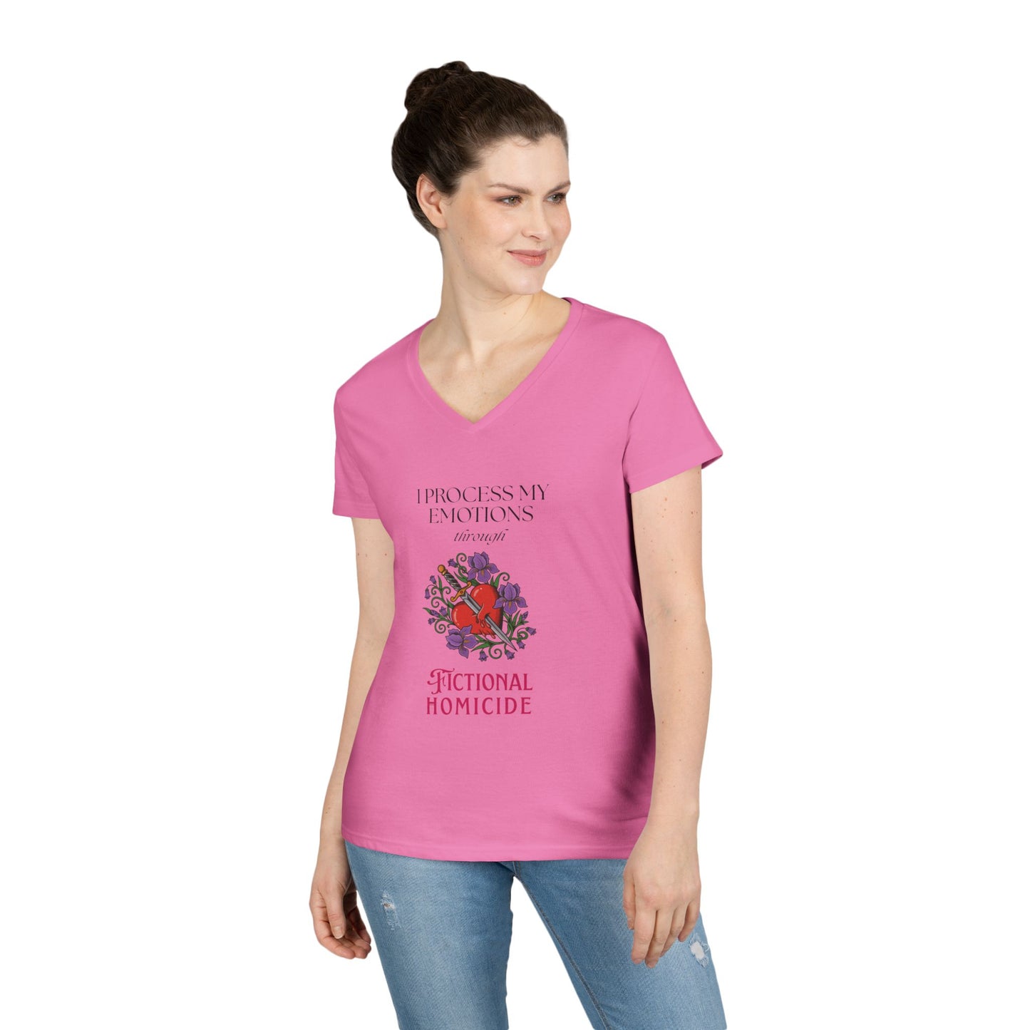 Fictional Homicide V-Neck Tee — "I Process My Emotions Through Fictional Homicide"
