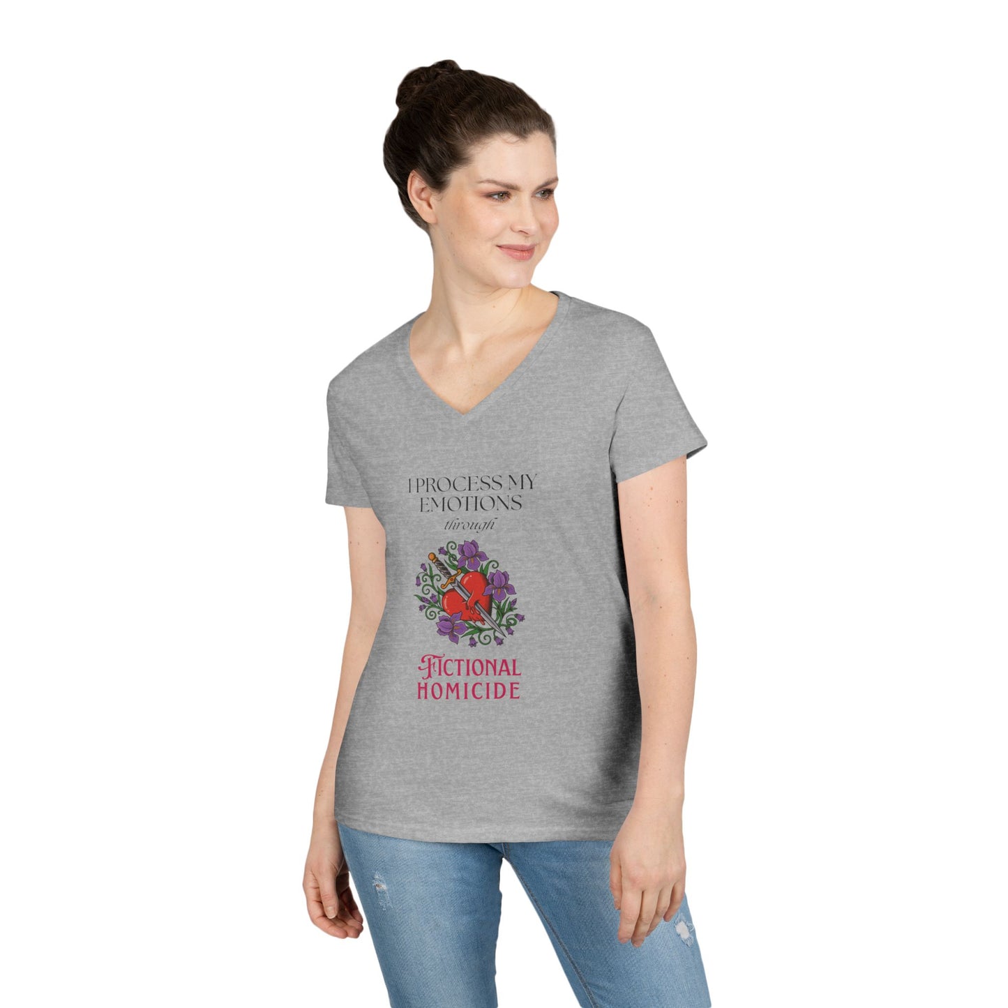 Fictional Homicide V-Neck Tee — "I Process My Emotions Through Fictional Homicide"