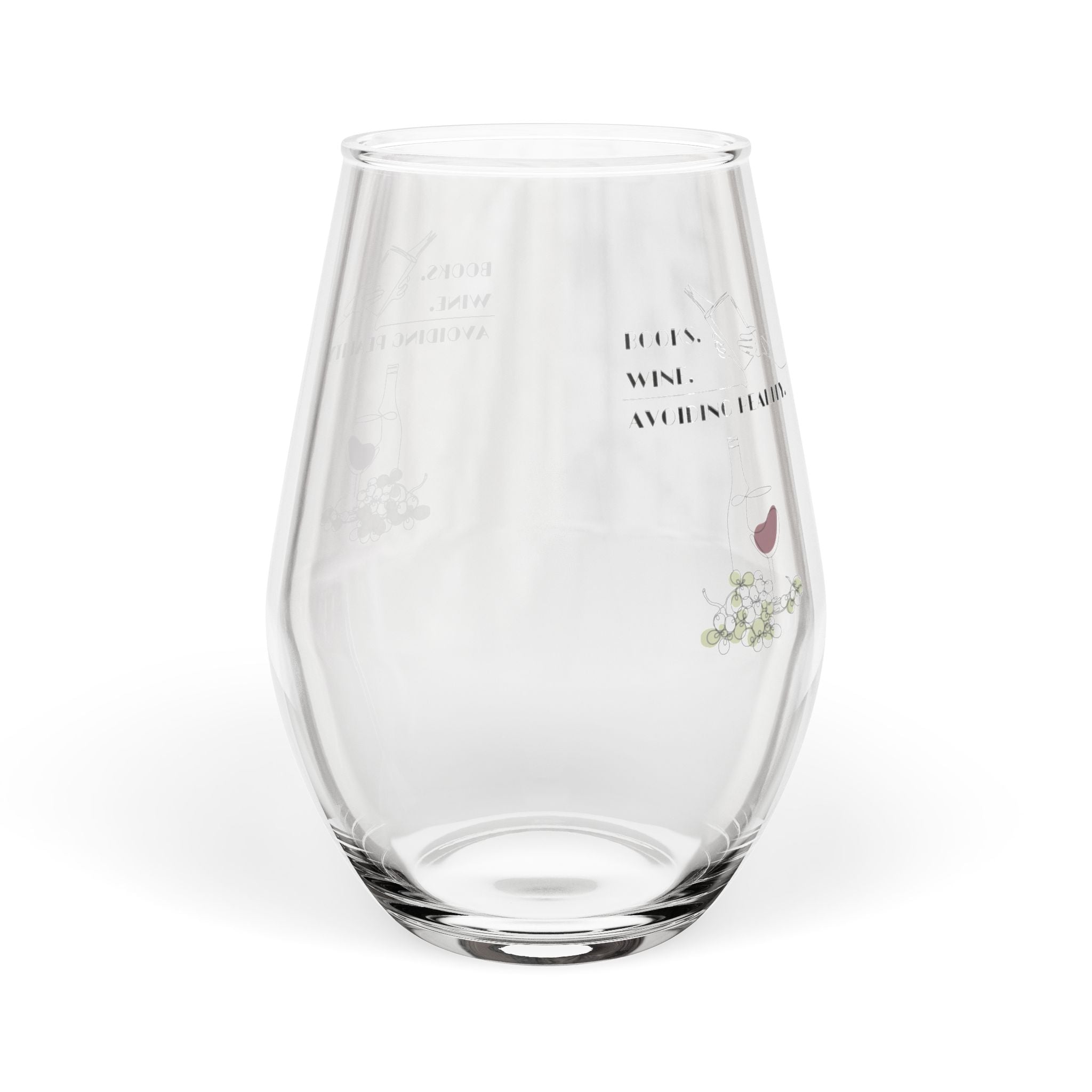 "Books. Wine. Avoiding Reality" Stemless Wine Glass 11.75oz – Floral Heart Accent, Elegant Everyday Wine Tumbler