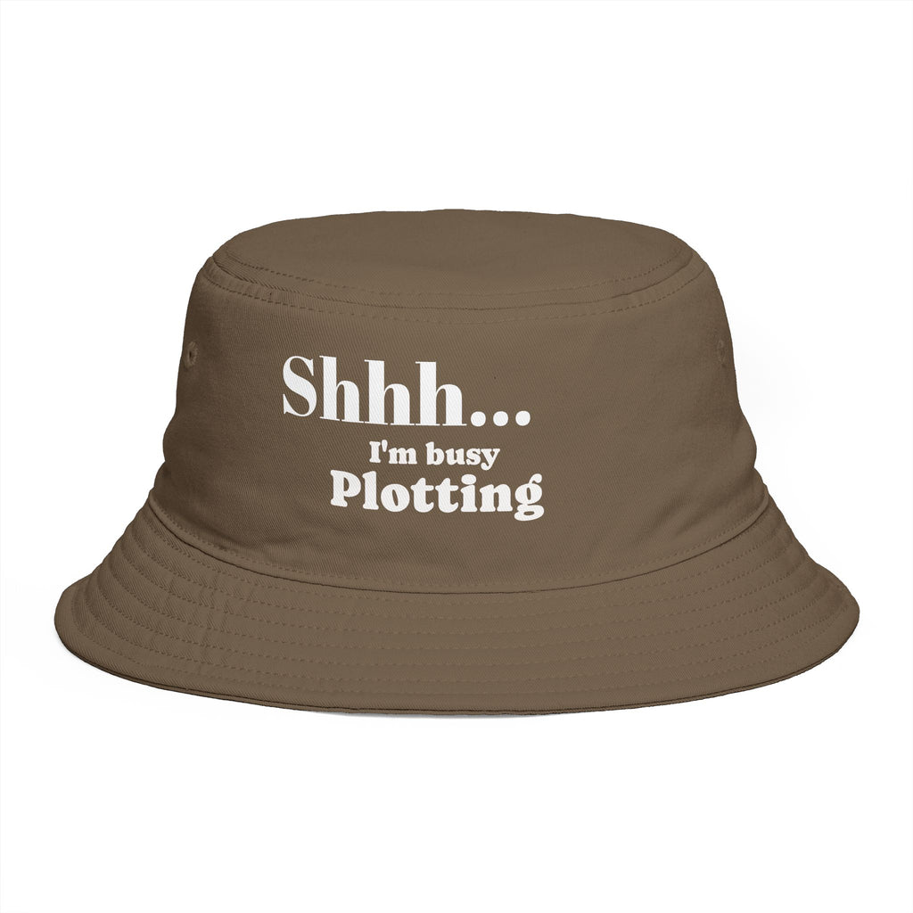 Bucket Hat — "Shhh... I’m Busy Plotting" Funny Graphic Hat for Writers & Thinkers